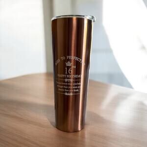 Sweet 16th Tumbler Cup Rose Gold Stainless Steel Lid Slim 20oz Birthday Gift New